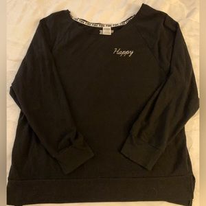 VS PINK black soft off shoulder sweatshirt with ‘Happy’ embroidered